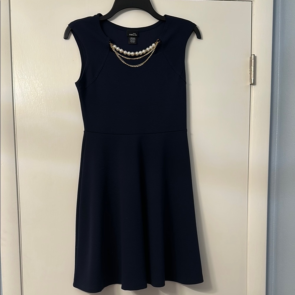 Navy Blue Formal Dress with Pearl Necklace